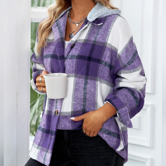 Highland Plaid Button-Up Jacket - Purple - Picture 4 of 5